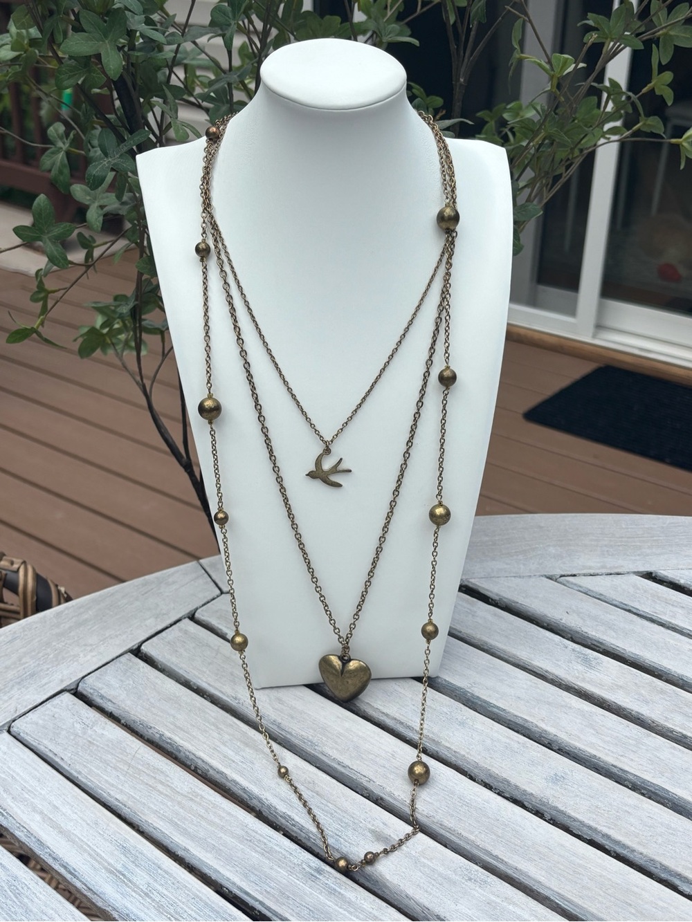 Multi-Layer Heart & Bird Pendant Necklace - Antique Gold